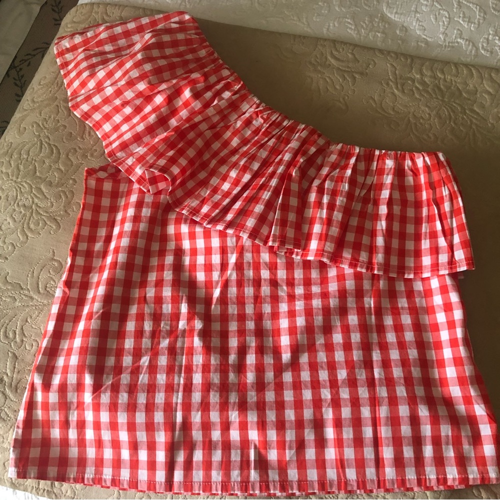 NWT J.Crew Orange & White Gingham One Shoulder Top